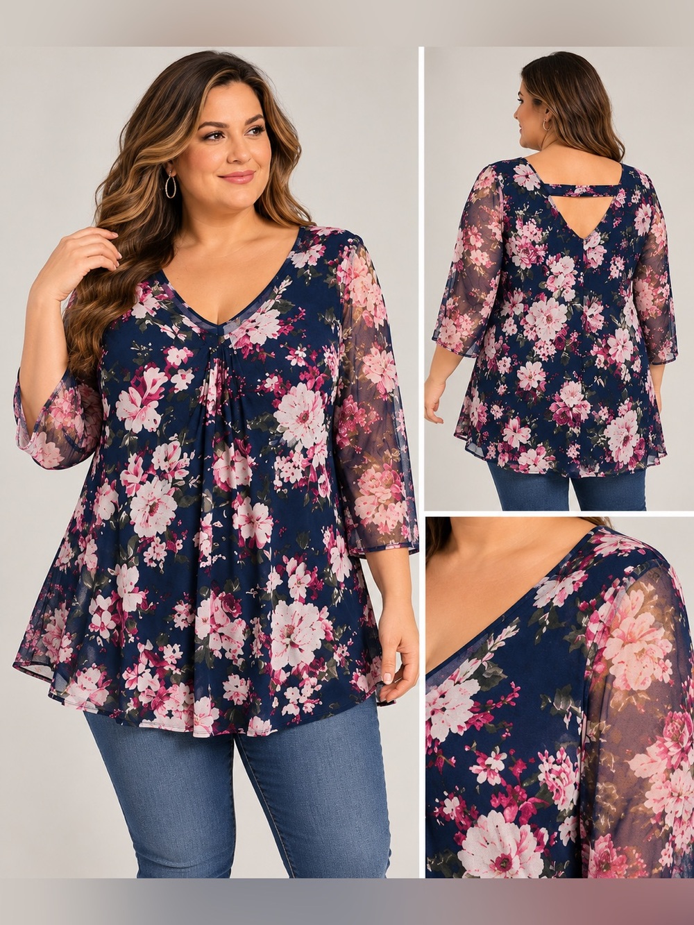 Try This Women’s 2X Navy Pink Floral Mesh Tunic Top Sheer Sleeve Plus Size.